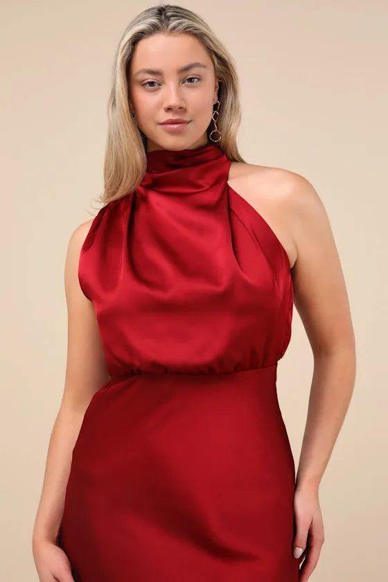 Distinctive Charm Red Orange Satin Asymmetrical Midi Dress