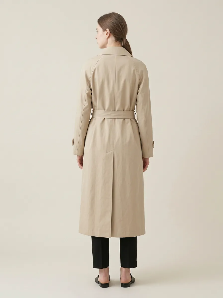 Women's Understated Beige Long Trench Coat with Waist Belt
