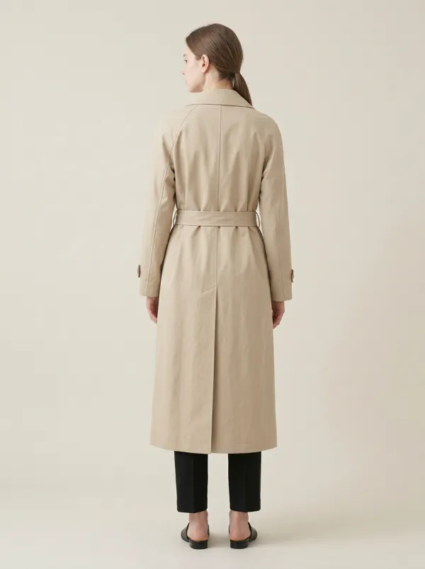Women's Understated Beige Long Trench Coat with Waist Belt