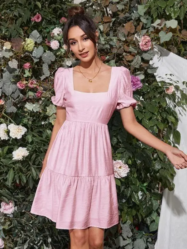 Women Tie Back O-ring Detail Puff Sleeve Ruffle Hem Dress