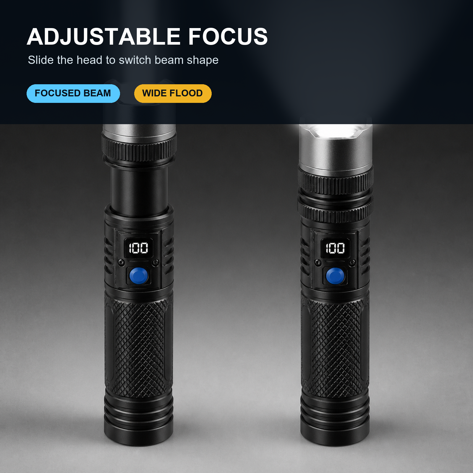 Rechargeable Zoom Flashlight with Digital Display & Power Bank - Wide Flood or Focused Beam