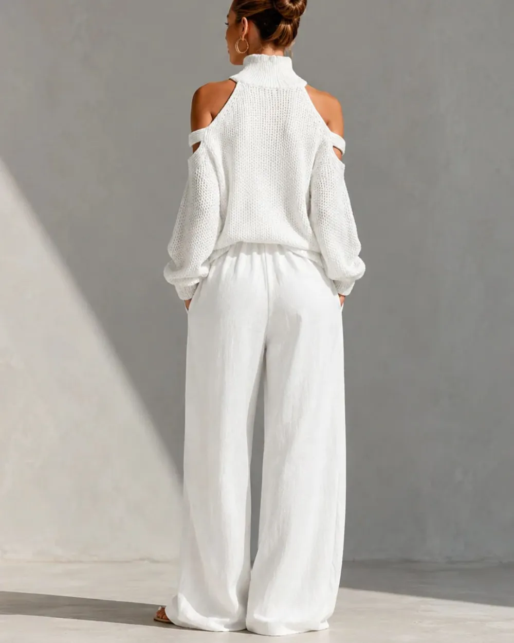 Knit Cold-Shoulder Turtleneck Wide-Leg Pants Set