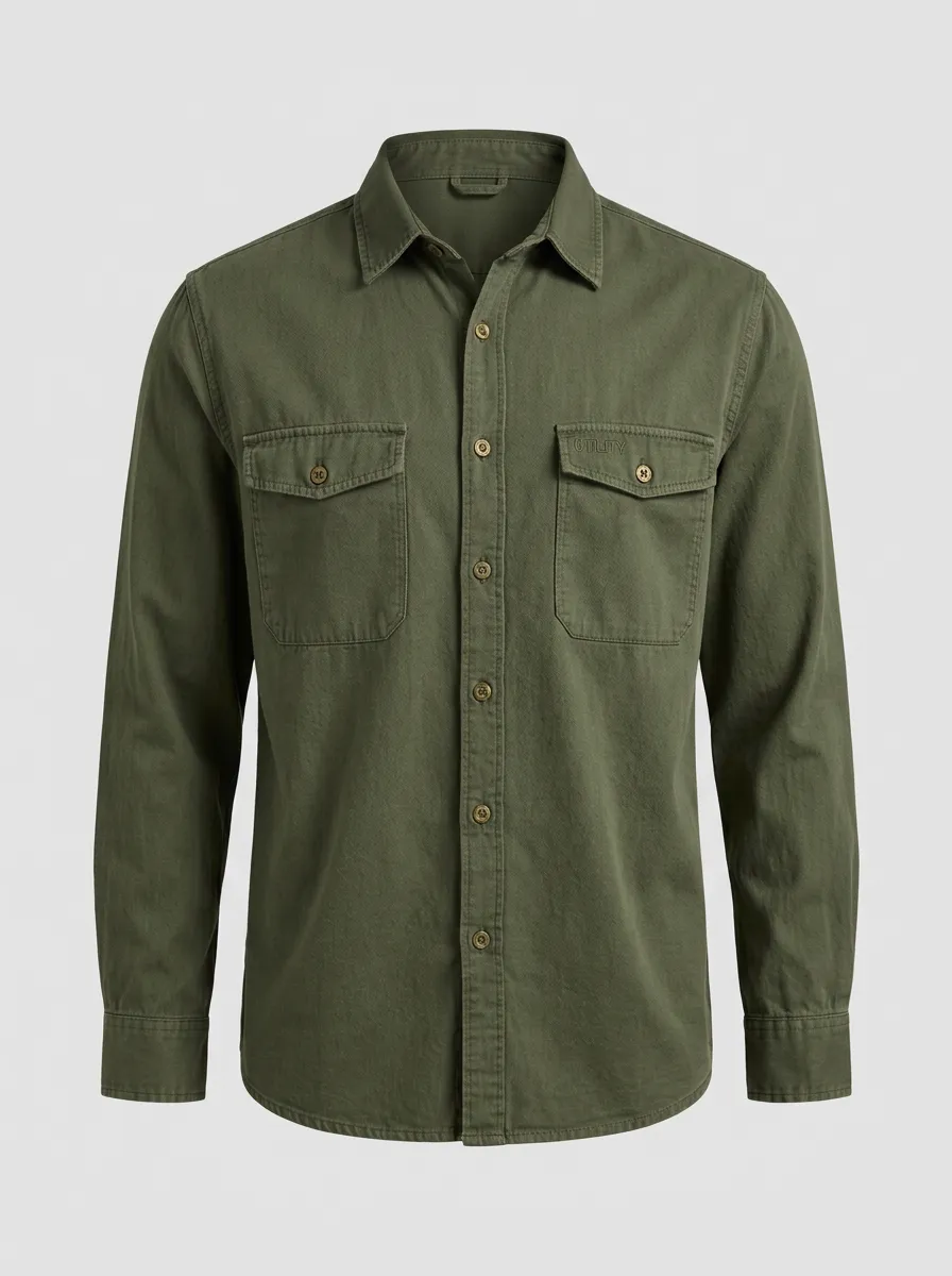 Men's Olive Green Utility Pocket Button Down Shirt