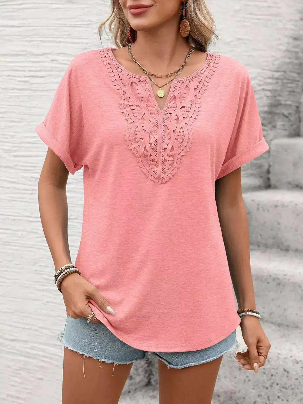 Lace Trim Detail Short Sleeve T-Shirt