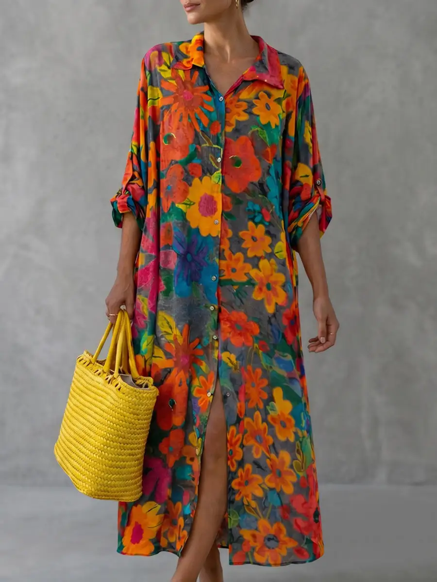 Floral Printed Buttoned Shirt Maxi Dress