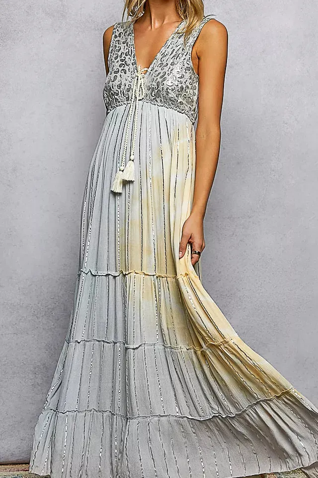 Deep V Sleeveless Cotton Bohemian Tiered Maxi Dress