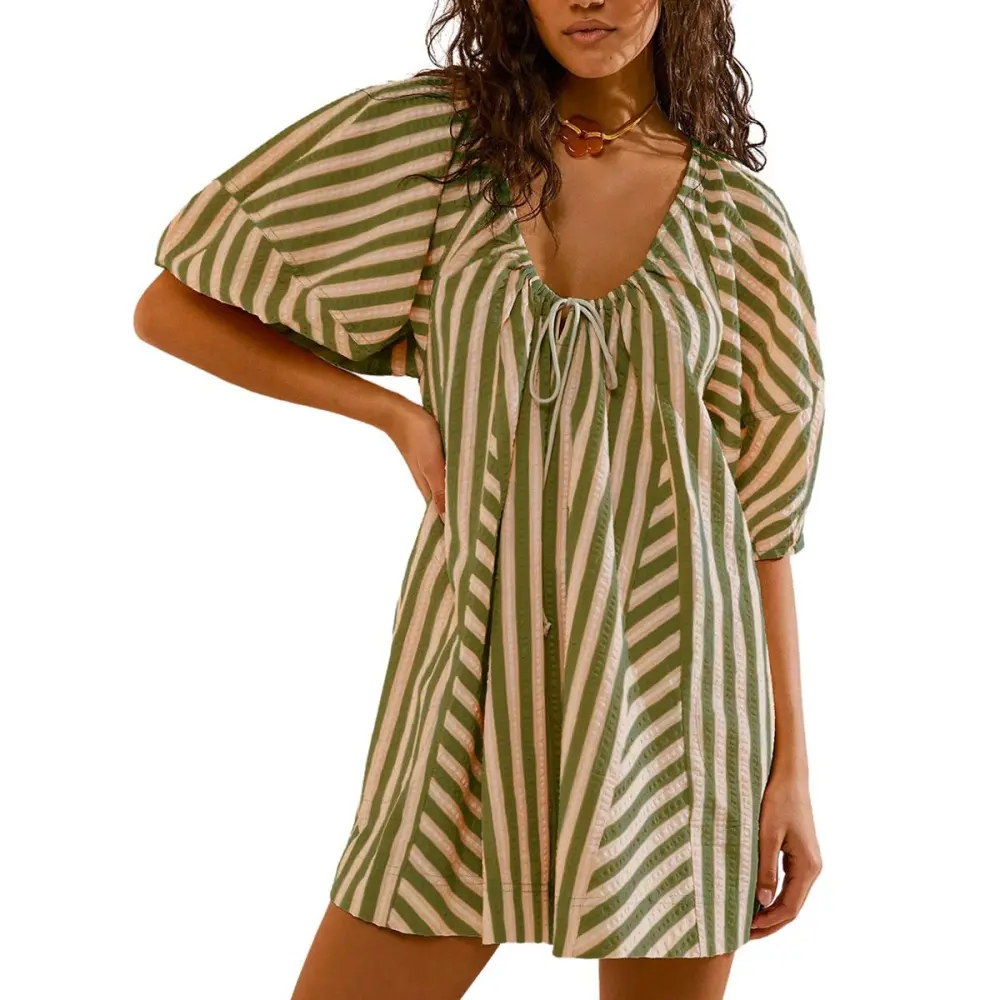 Womens Striped Romper Casual Loose Puff Sleeve Wide Leg Jumpsuit