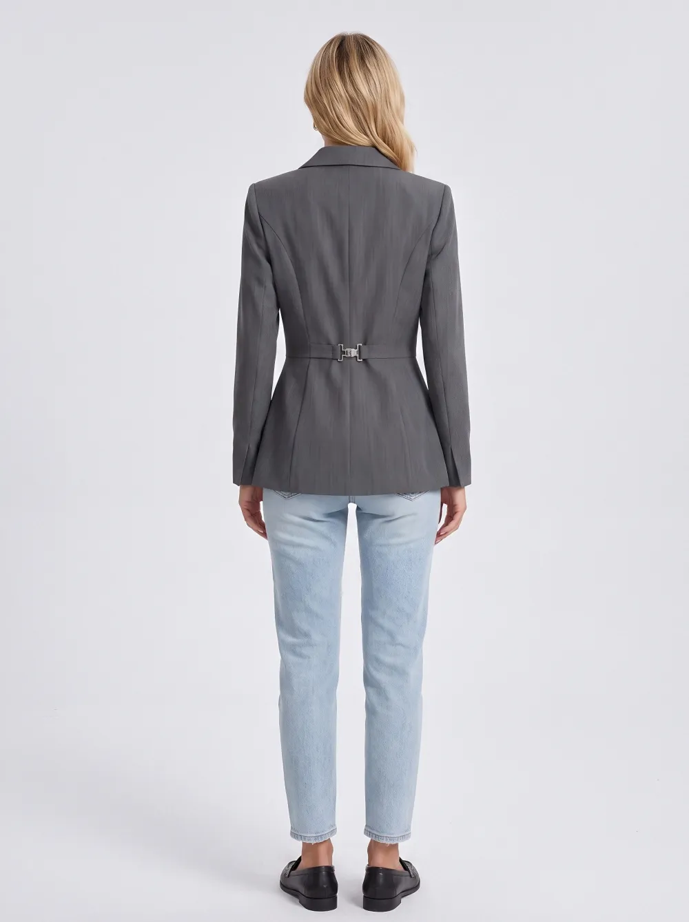 Women's Business Casual Grey Metal Buckle Fitted Blazer Jacket