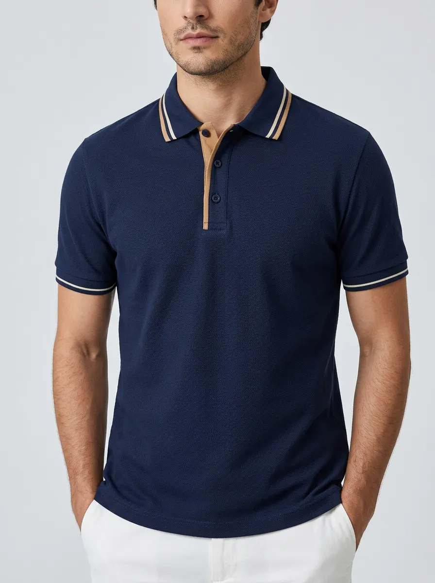 Men's Navy Blue Contrast-Collar Stripe Trim Polo Shirt