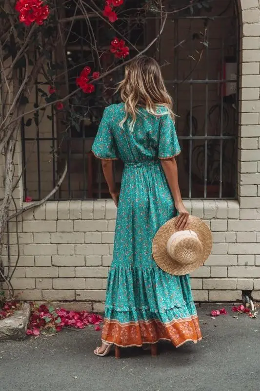 V-Neck Short Sleeve Boho Maxi Dress