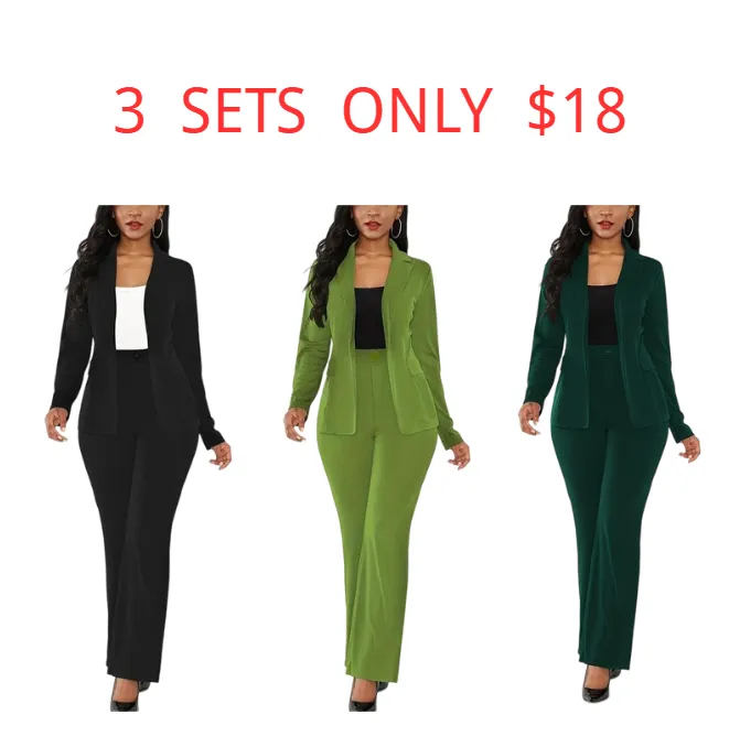 Women's Basic Plain Button Lapel Neck Blazer & Suit Pants
