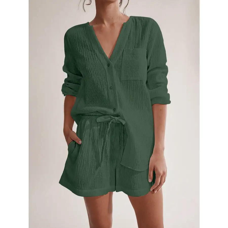 Relaxed Notched Long Sleeve Top and Shorts Set