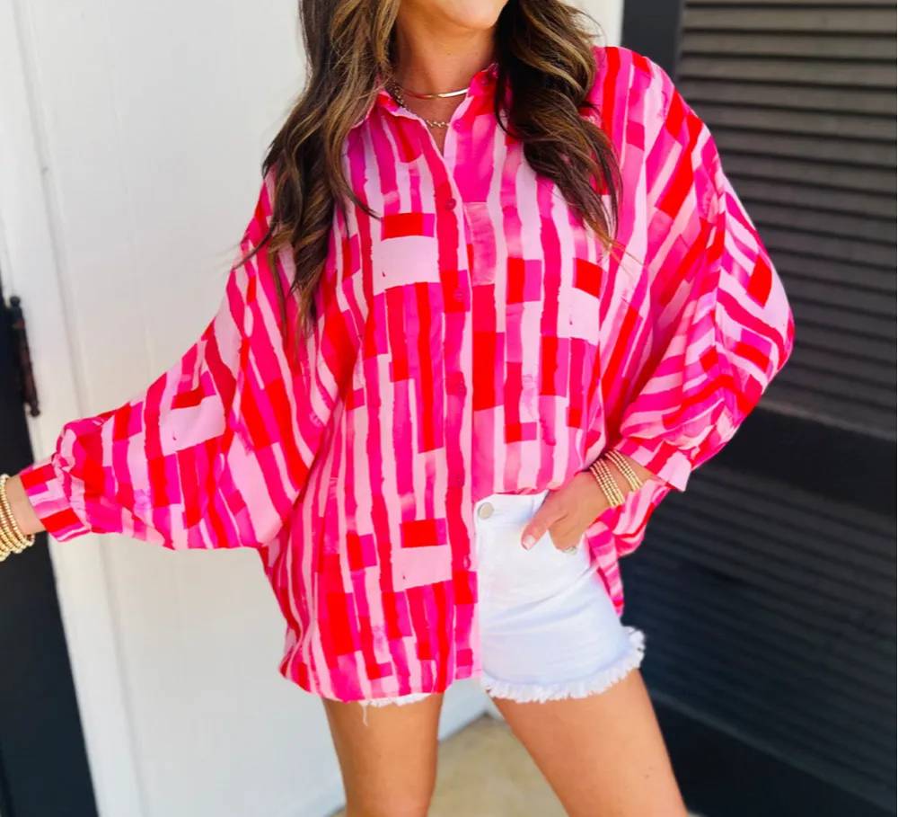 Abstract Print Batwing Sleeve Casual Shirt