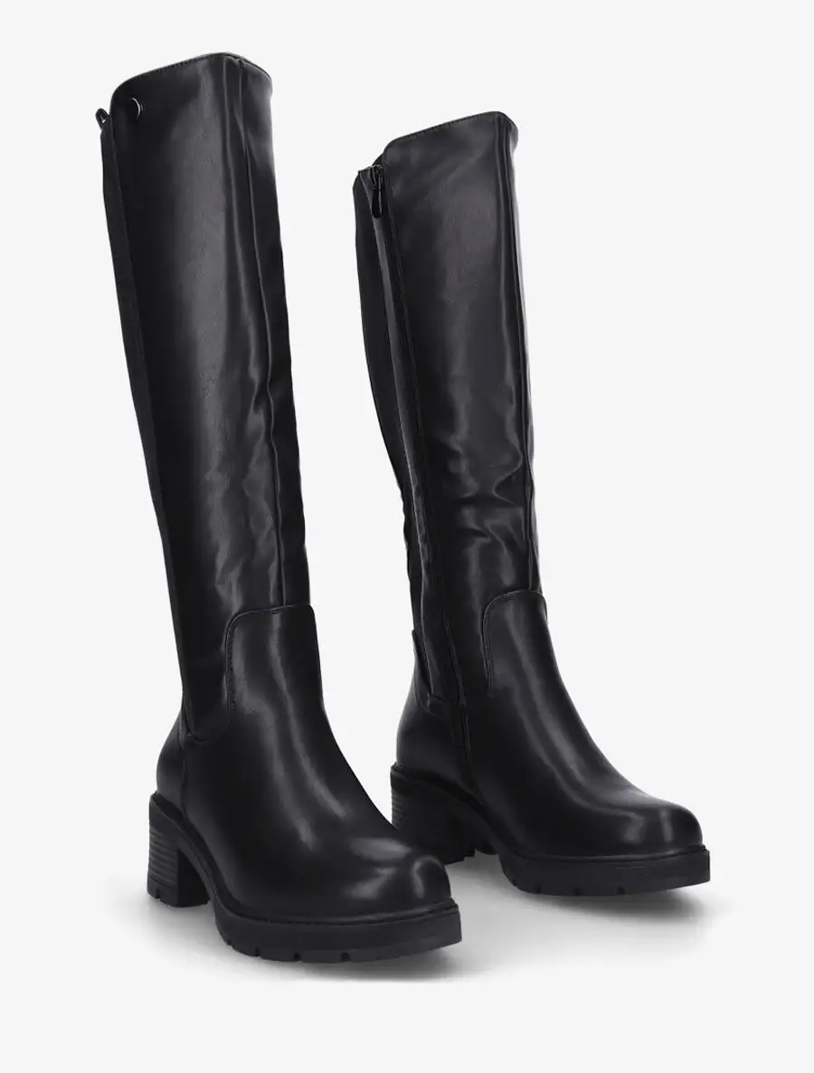 Soft Finish Stretch Panel Block Heel Faux Leather Knee High Boots