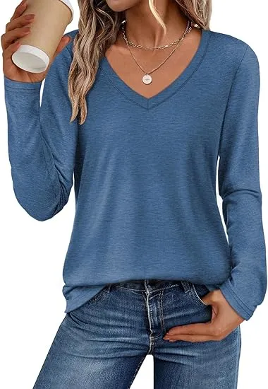 Women's V-Neck Long Sleeve Tee - Soft Curved Hem Top