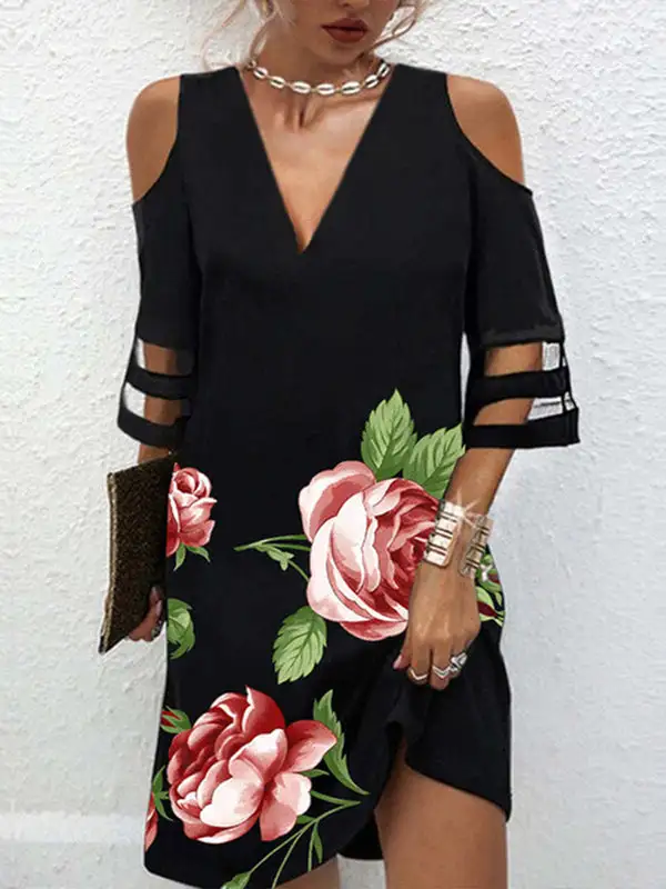 Half Sleeve Relaxed Flower Print Hollow Mesh Split Joint Cold Shoulder