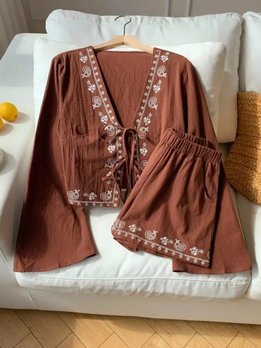 Embroidered Tie Front Top & Shorts Set