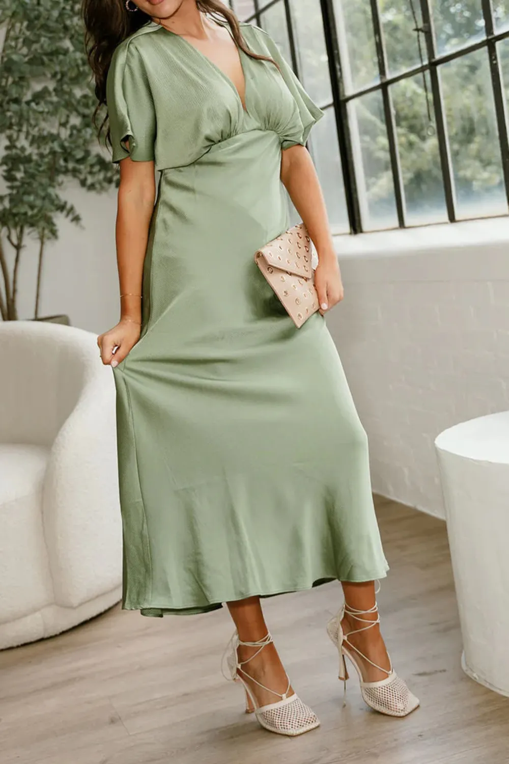 V-Neck Short Sleeve Satin Dress