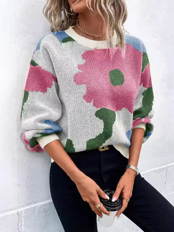 Floral Knit Floral Detail Asymmetric Paneled Round Neck Sweater