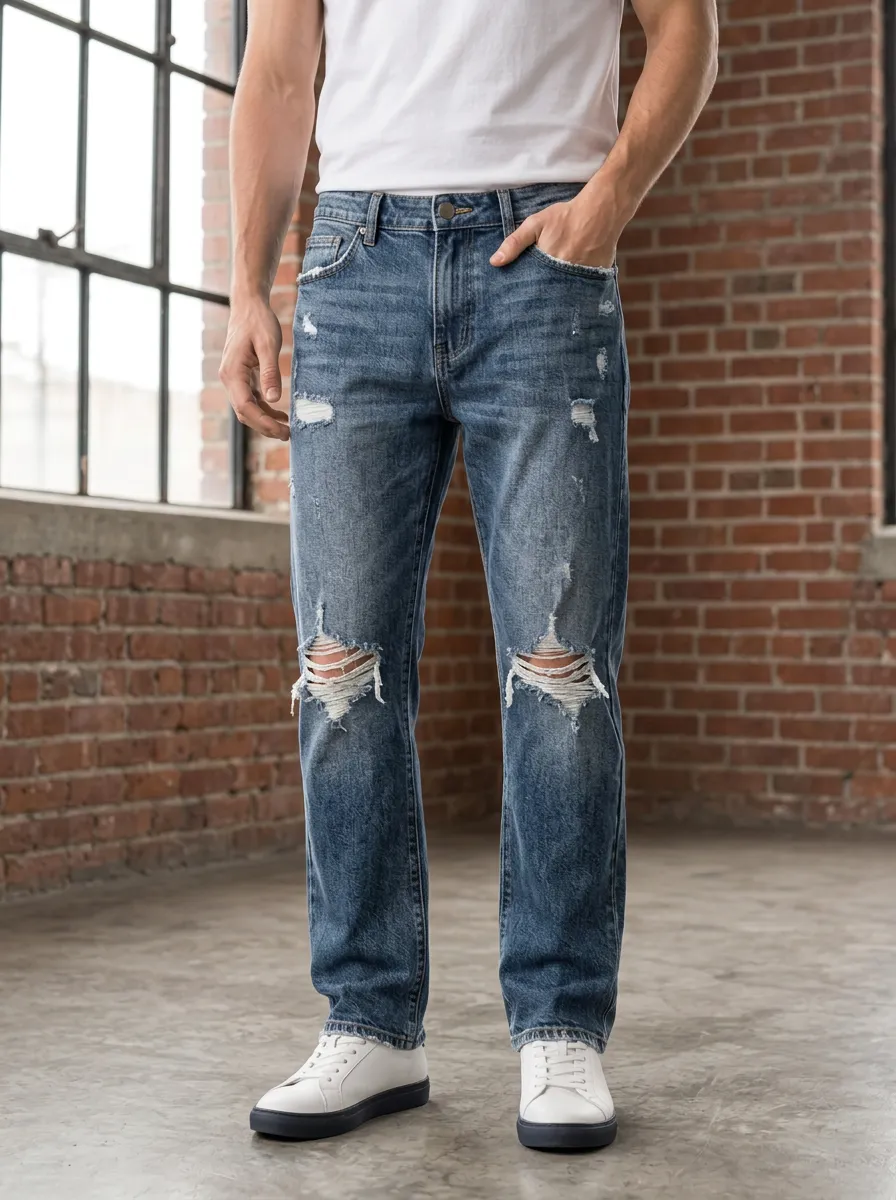 Men's Distressed Slim Fit Blue Denim Jeans