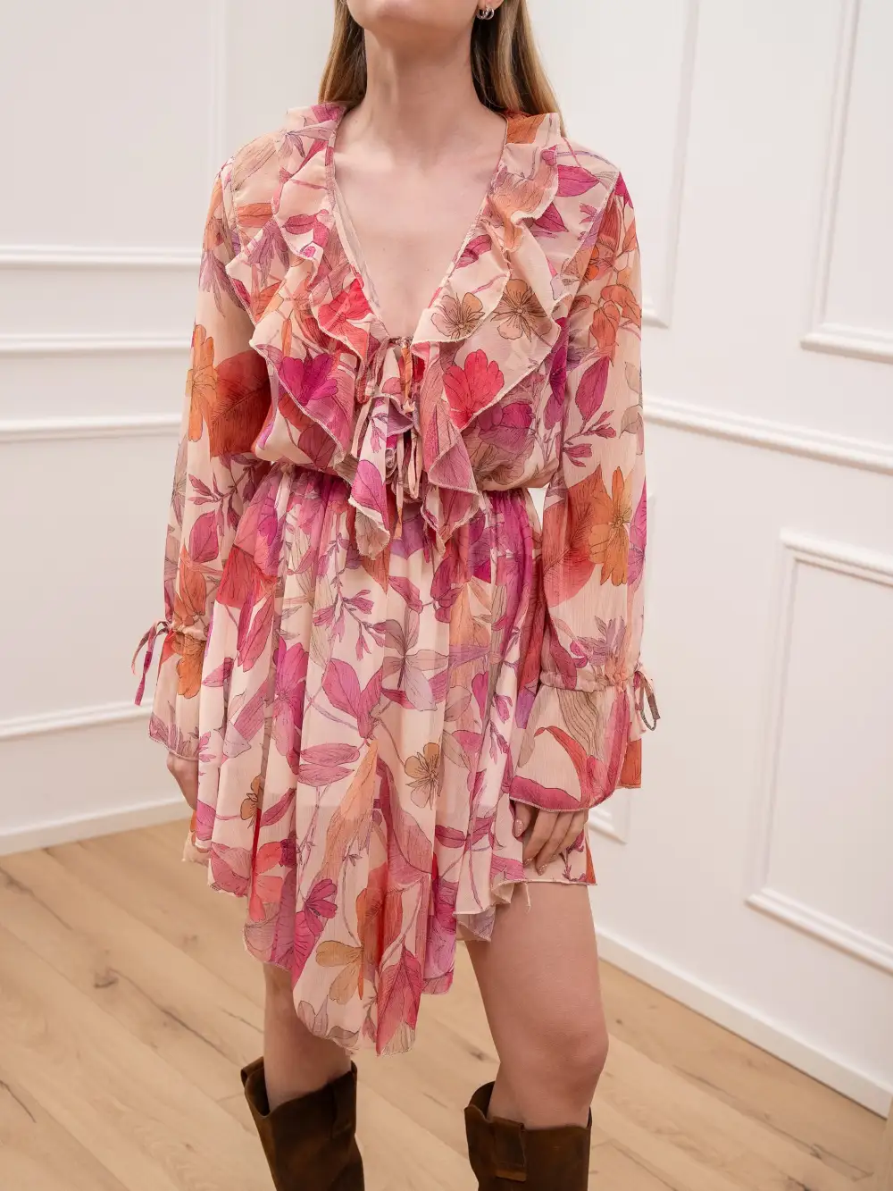 Ruffled V‑Neck Floral Print Long‑Sleeve Dress