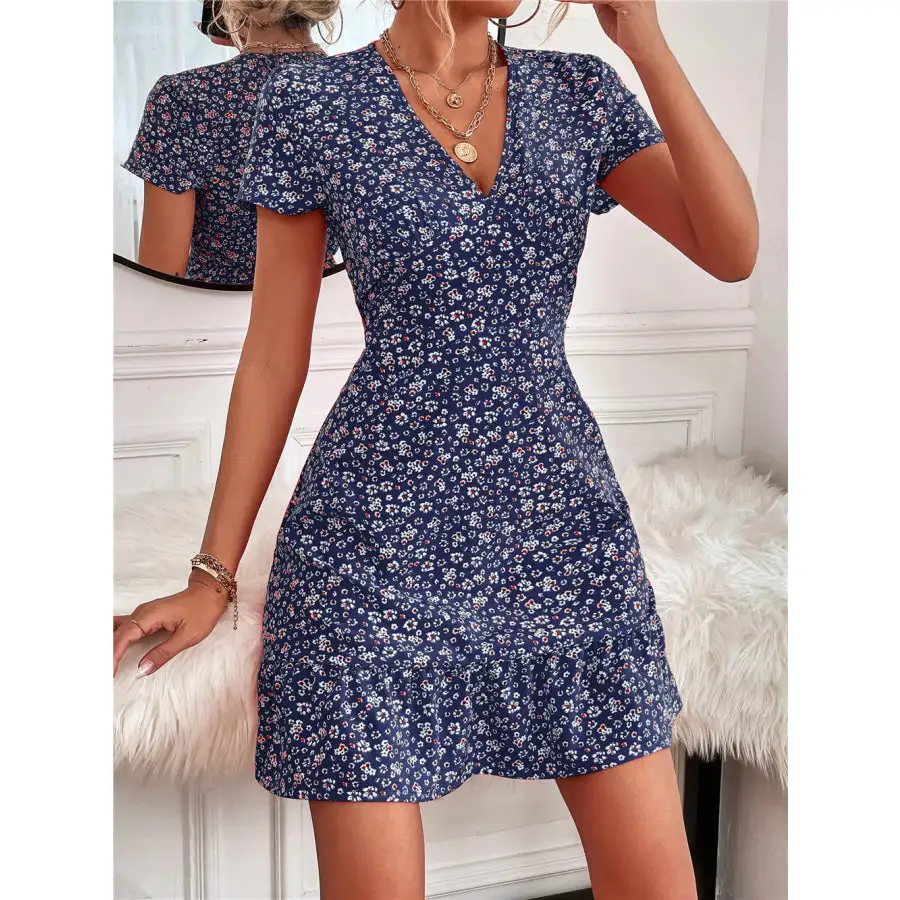 Ruffled Hem V-Neck Short Sleeve Mini Dress