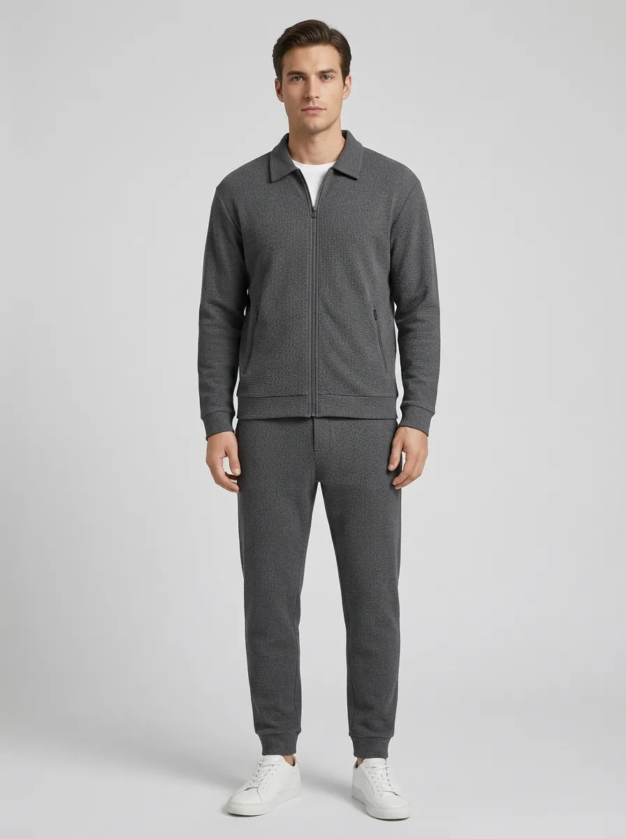 Men's Textured Minimal Polo Collar Jacket and Jogger Pants Set
