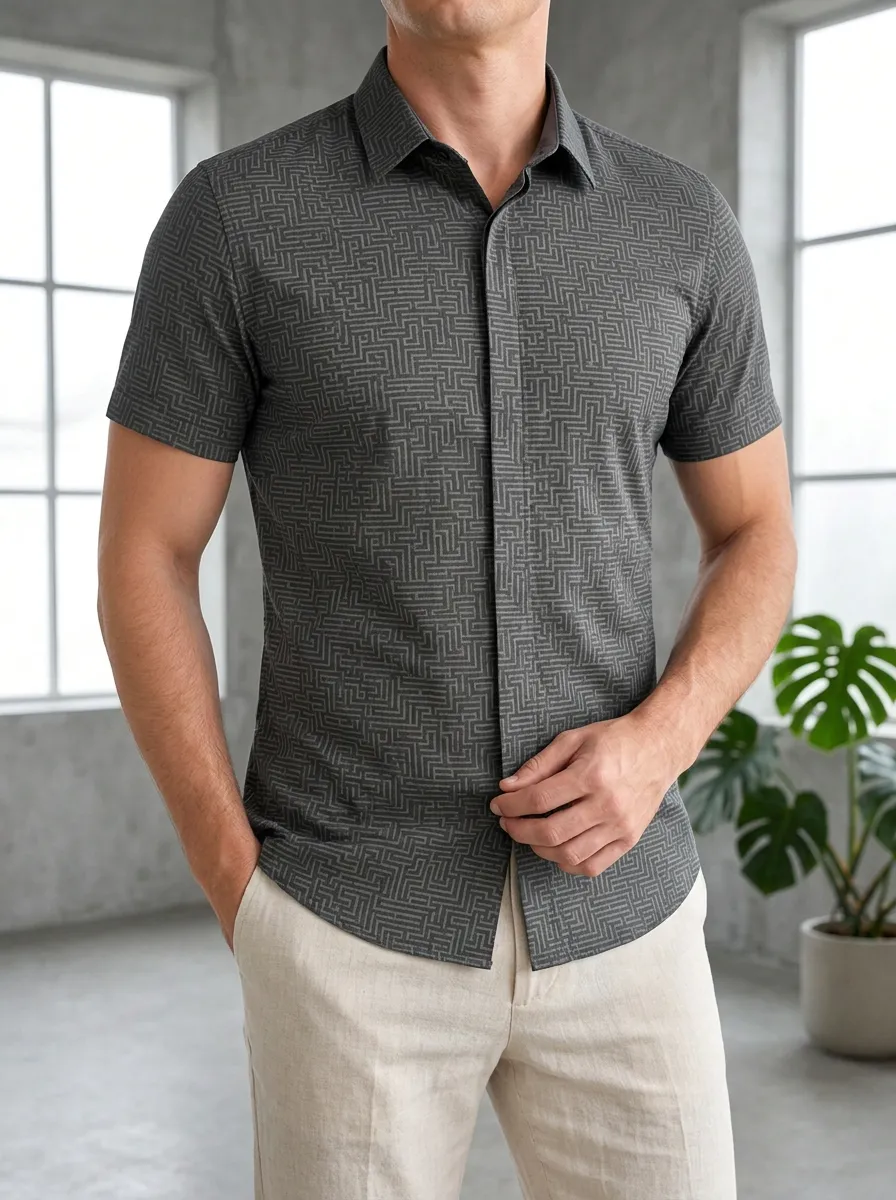 Men's Geometric Maze Pattern Printed Slim Fit Shirt