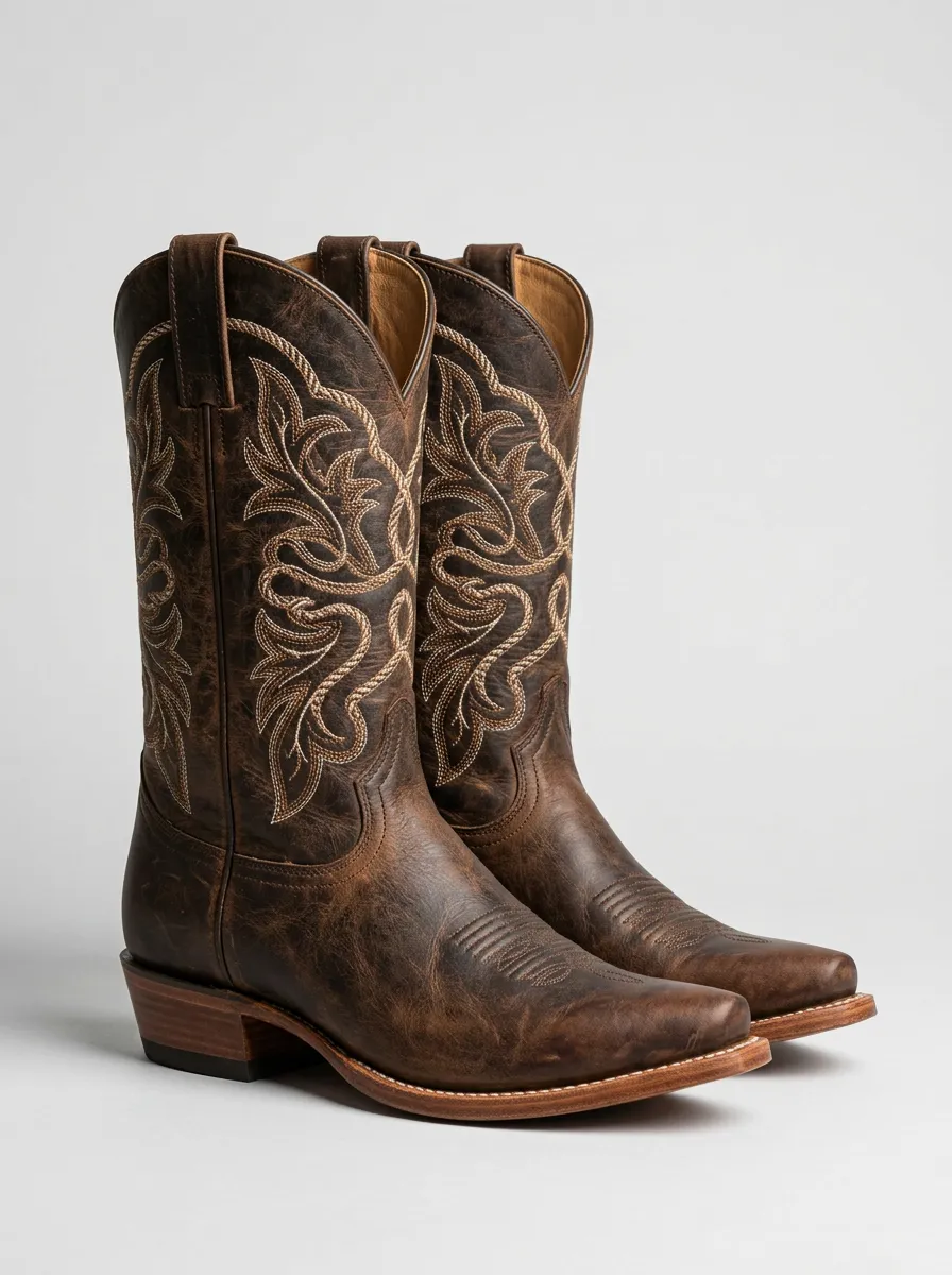 Men's Southwestern Embroidered Distressed Leather-Look Frontier Look Western Cowboy Boots
