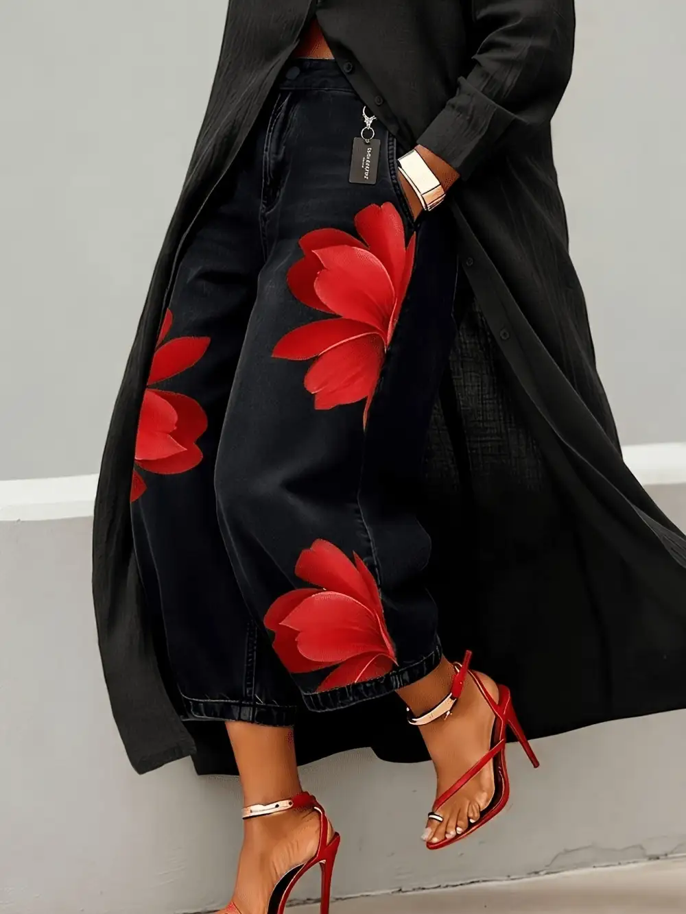 Versatile Floral Print Wide-leg Cropped Jeans