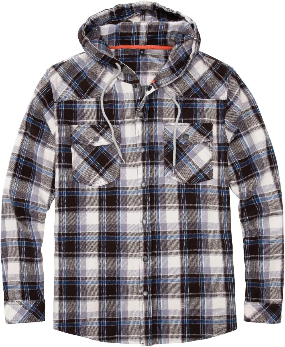 Men's Hooded Plaid Flannel Shirt Jacket with Hand Pockets
