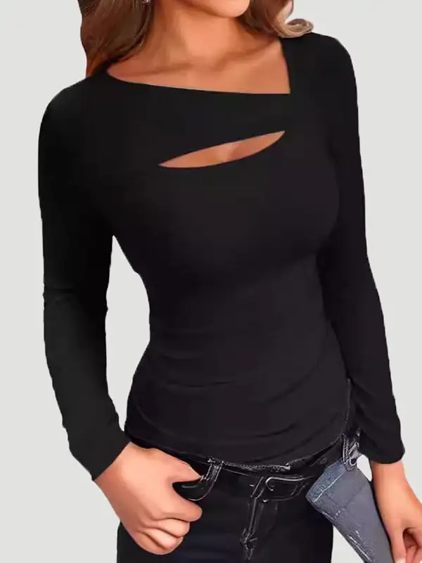 Long Sleeve Slim Fit Asymmetric Cutout Panel Detail V-Neck T-Shirt
