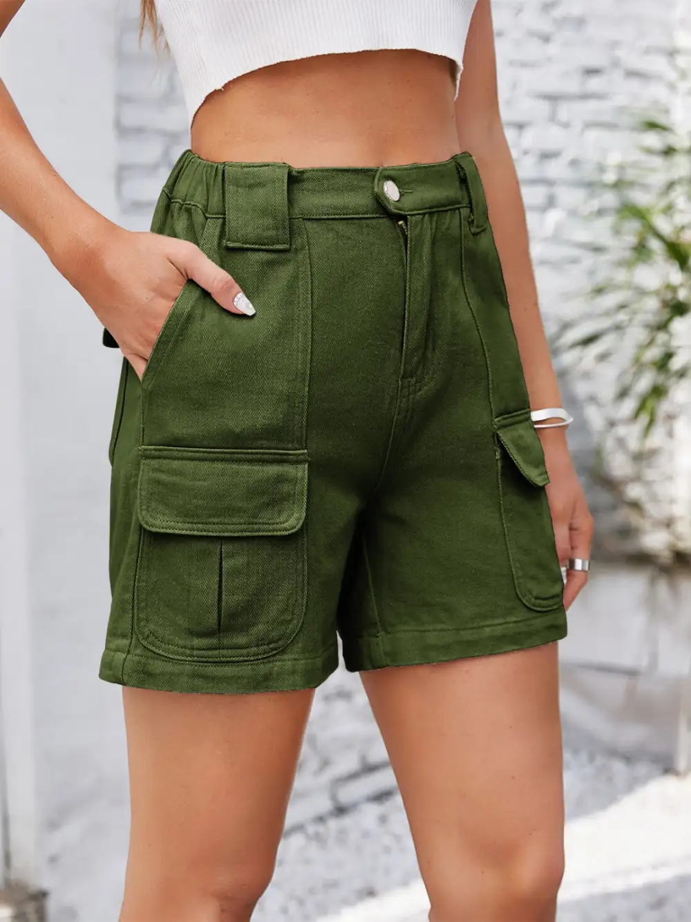 Khaki Waist Washed Denim Shorts