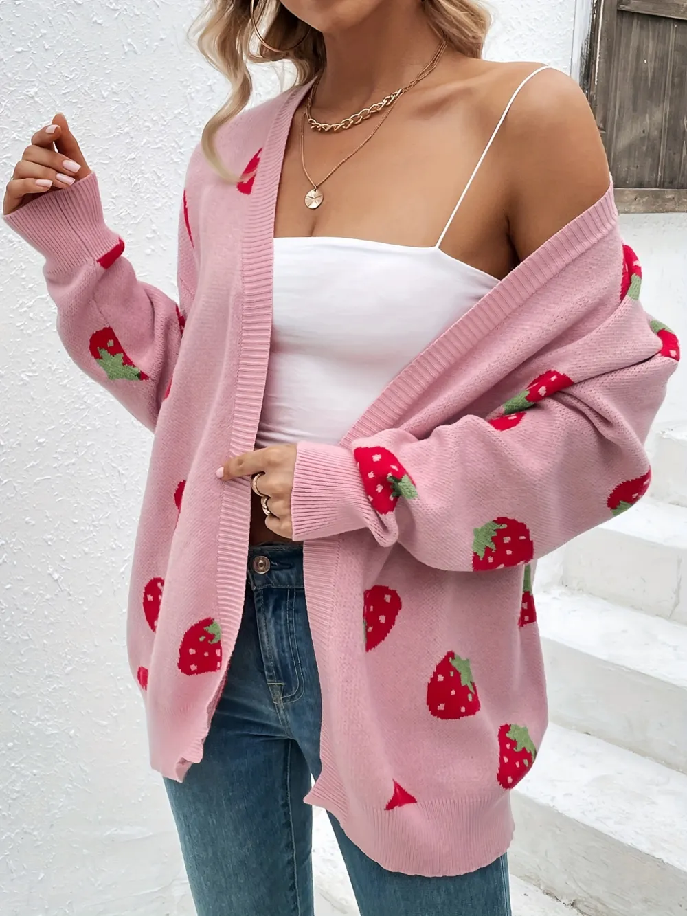 Elegant Long Sleeve Strawberry Pattern Open Front
