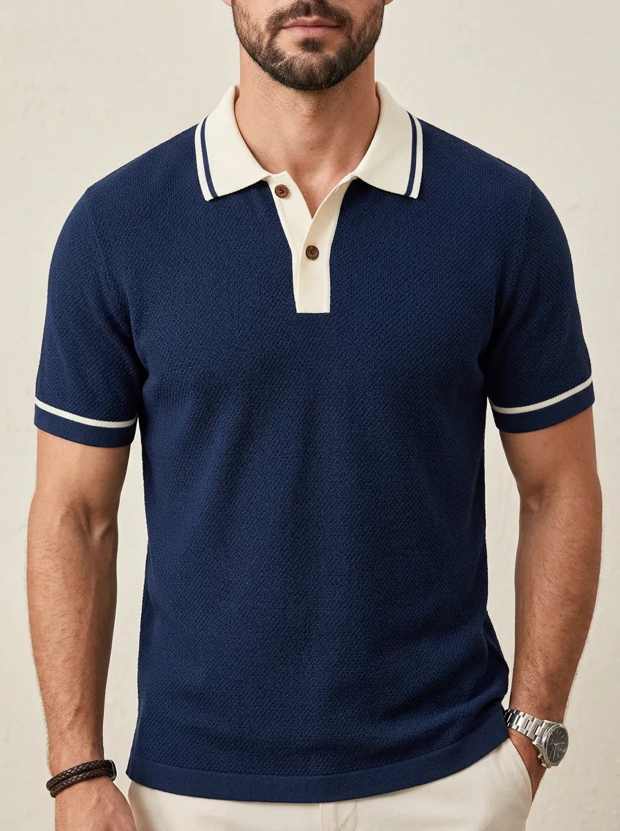 Men's Knit Ribbed Textured Contrast-Collar Contrast-Trim Polo Shirt