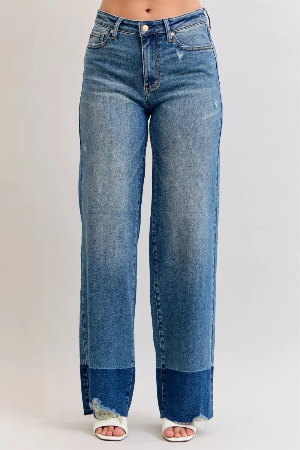 Refined High-Waist Raw-Hem Washed Pocketed Straight Leg Jeans