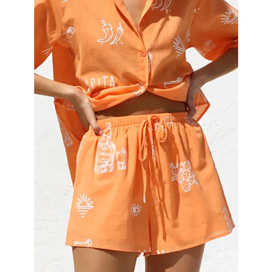 Printed Button Down Short Sleeve Top and Shorts Set