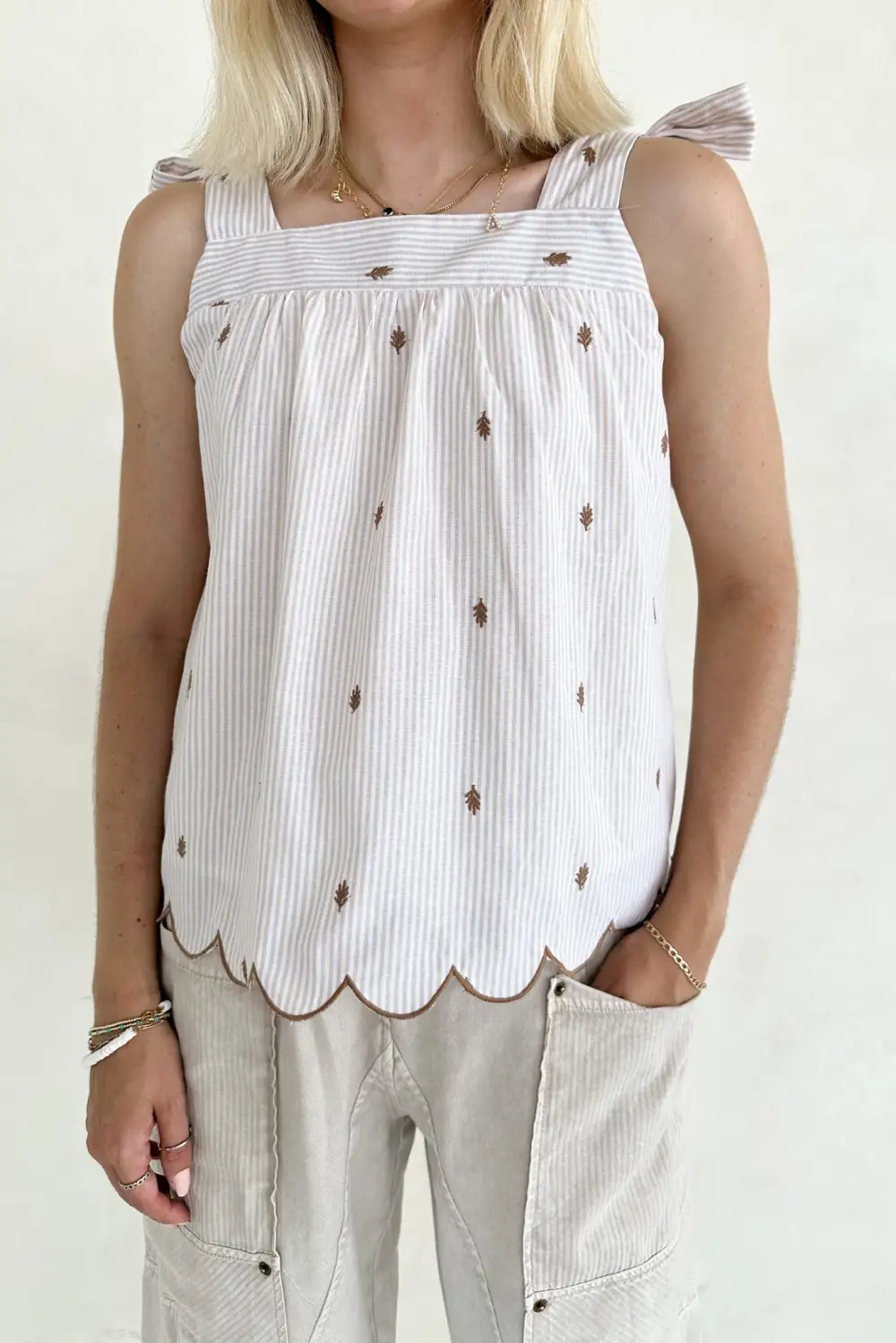 Striped Embroidered Scallop Trim Top