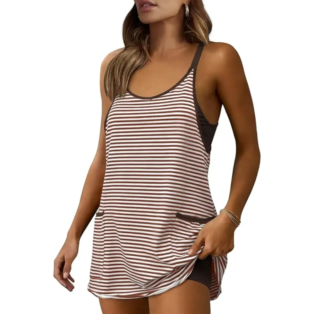 Women's Summer Athletic Mini Dress Sleeveless V Neck Built-in Shorts