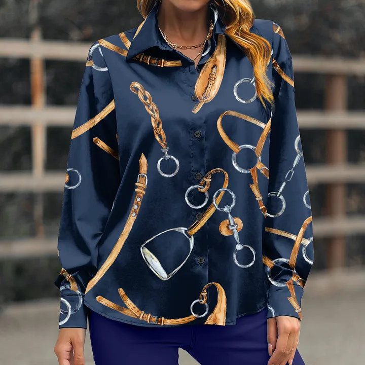 Women's Equestrian Harness Print Long Sleeve Lifestyle Casual Button Shirt