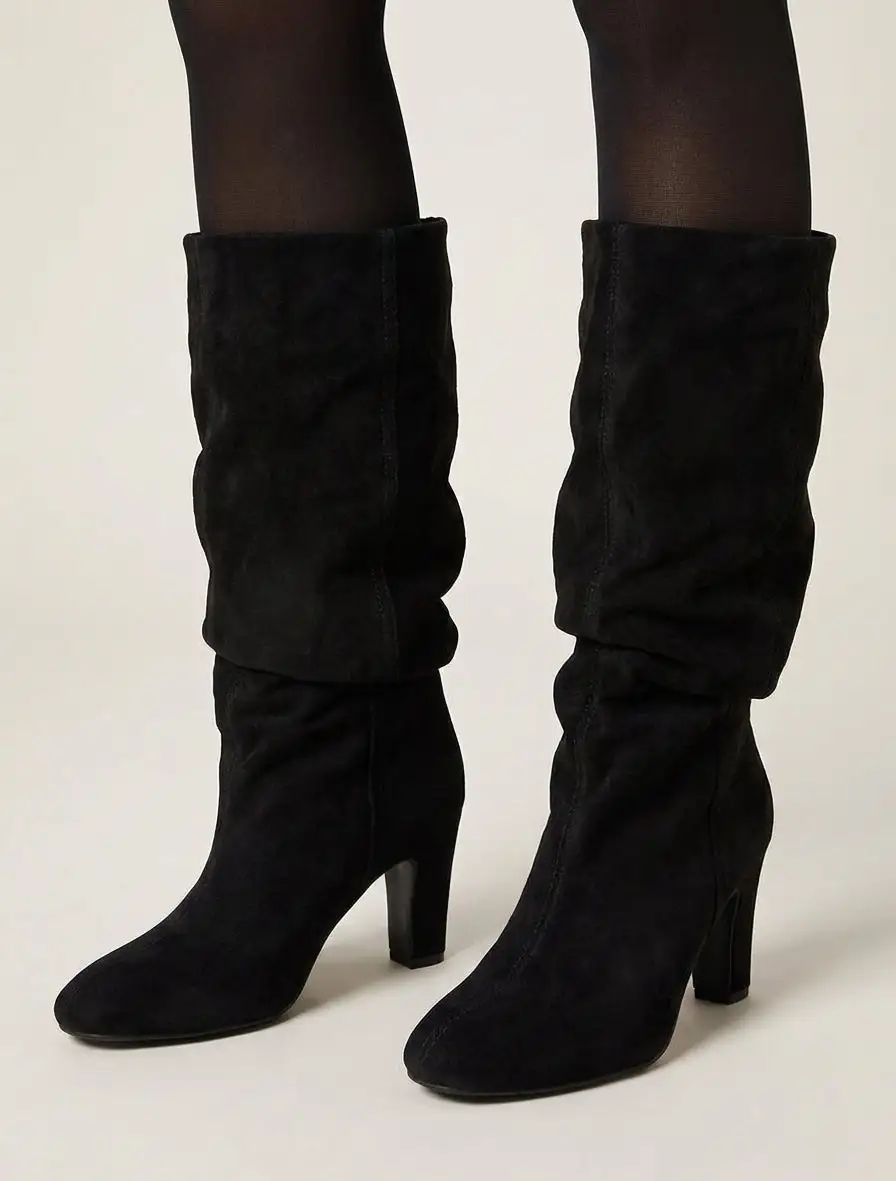 Polished Block Heel Ruched Faux Suede Knee High Boots
