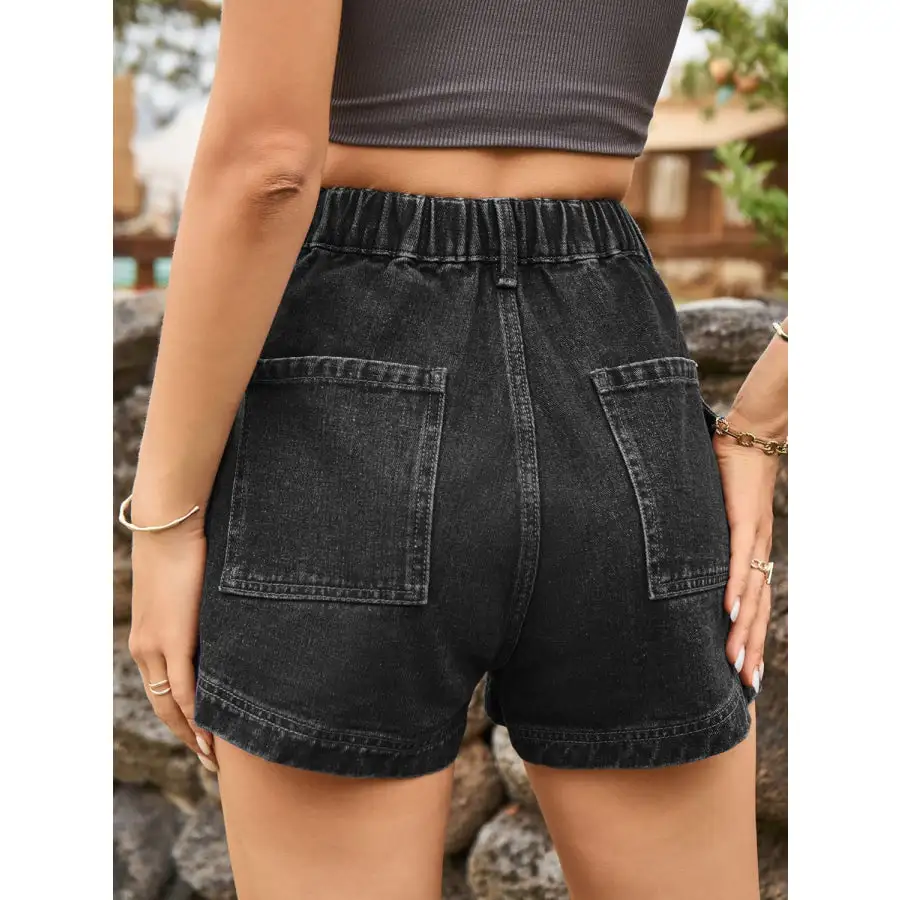 Textured High Waist Denim Shorts with Pockets