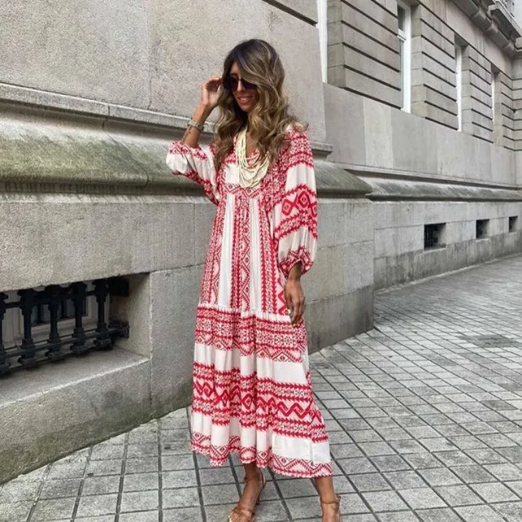 Bohemian Lantern Sleeve Long Dress Printed Large Swing Women's