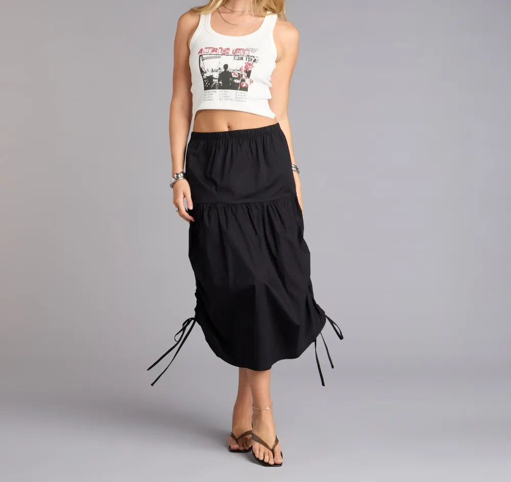 Black Ruched Midi Skirt