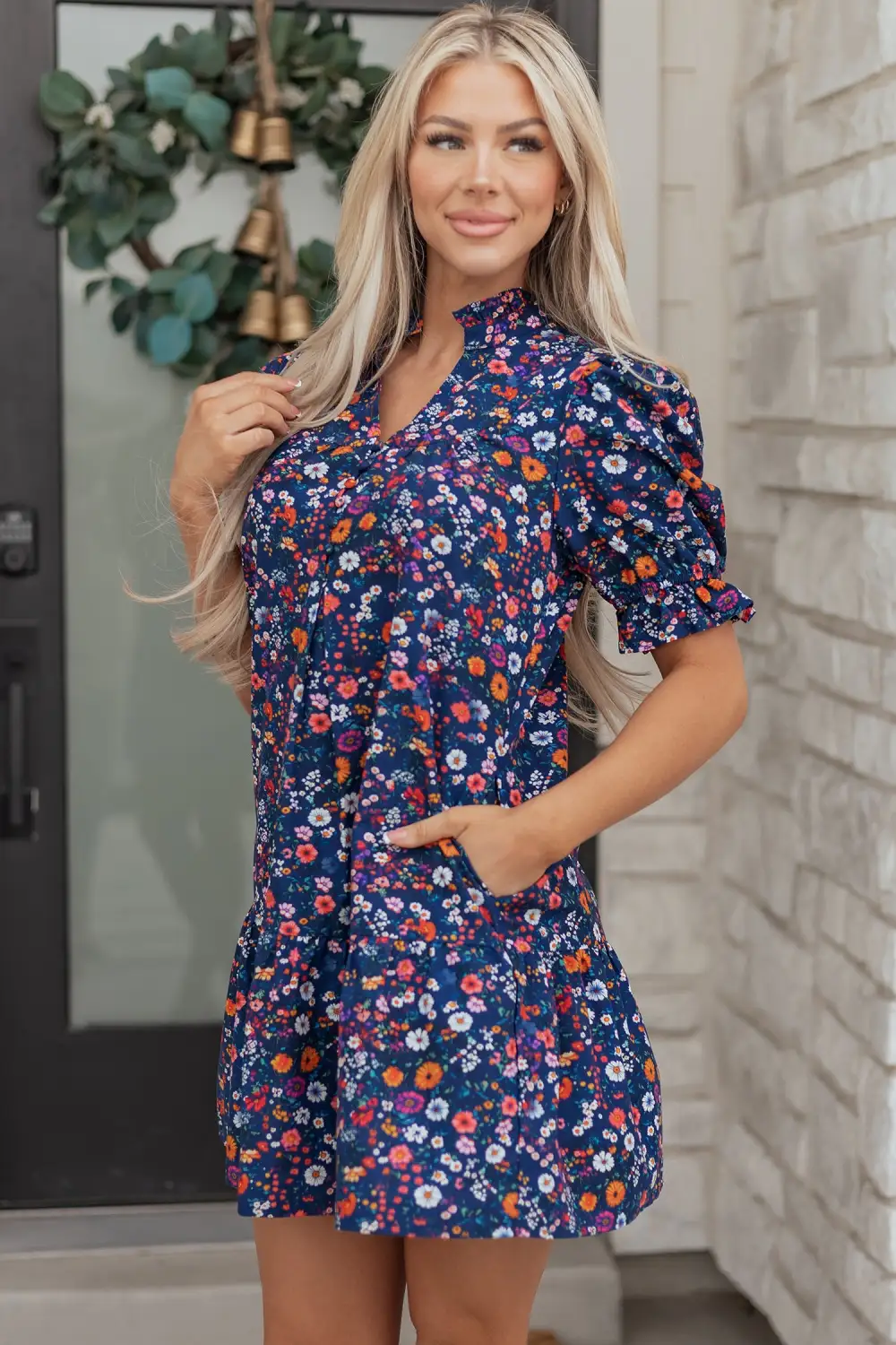 Polished Detail Floral Split Neck Puff Sleeve Mini Dress