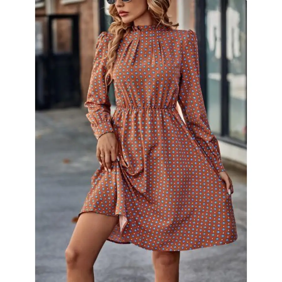 Printed Ruched Mock Neck Long Sleeve Dress