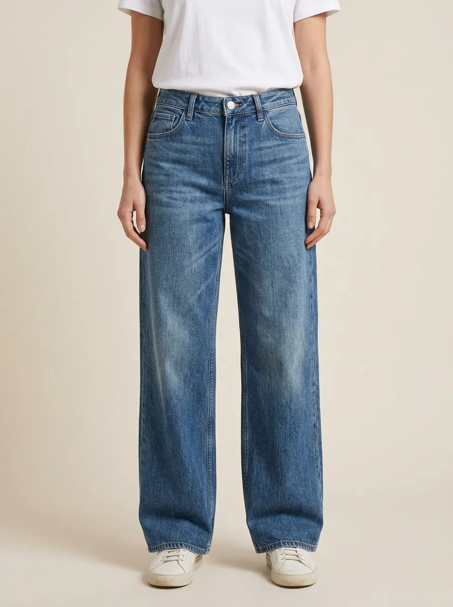 Women's Mid-Rise Whiskered Belt-Loop Wide-Leg Denim Jeans
