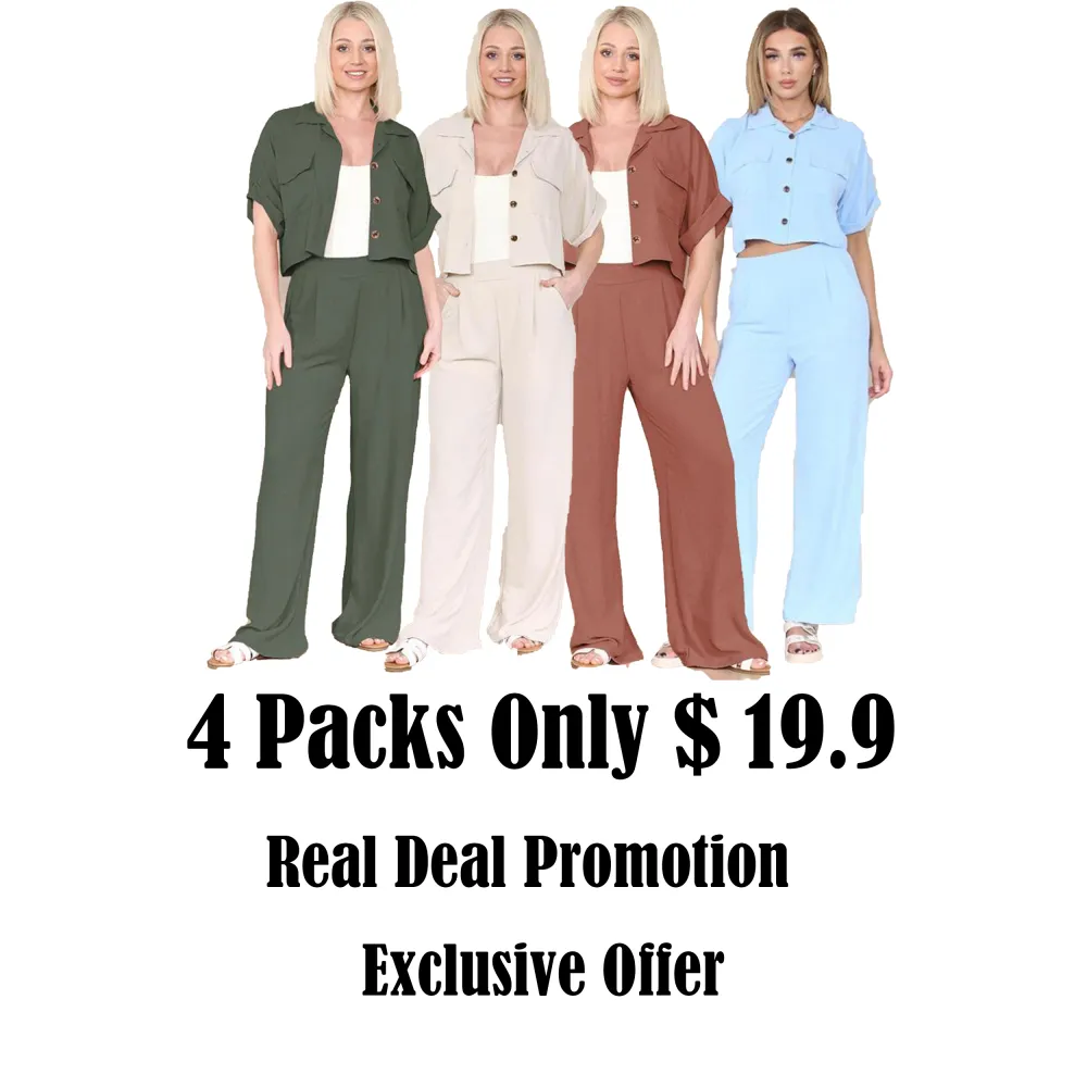 Women's Casual Button Front Flap Pocket Blouse & Wide Leg Trousers Co-ord, Crop Short Sleeve Shirt & High Waist Pants Two-Piece Set