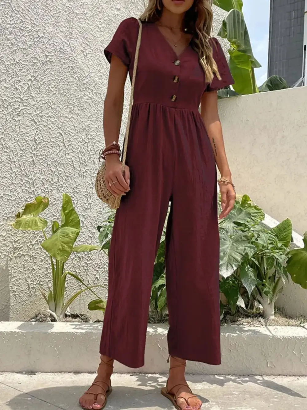 V Neck Short Sleeve Wide Leg Shorts