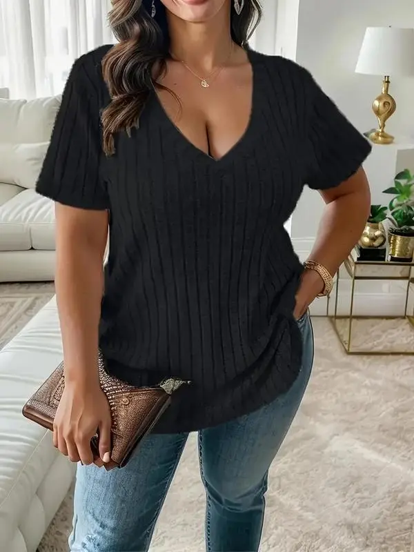 Women Plus Size Summer V-Neck Tee – Casual Short Sleeve Top